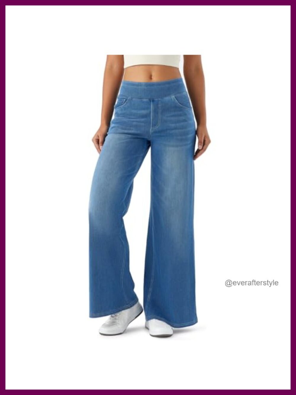 High Waisted Wide Leg Pull On Stretch Jeans Elastic Waist 5 Pocket